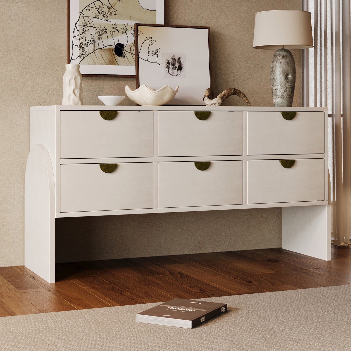 Retro Style Rubber Wood Venner Three-Drawer Dresser Sideboard Cabinet Console Table Sofa Table Ample Storage Spaces for Living Room, Children's Room, Adult Room, Antique White
