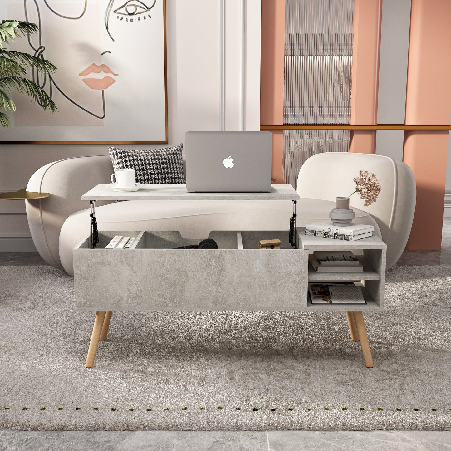 Solid wood legsCoffee Table,Accent Furniture Home Decor,Open Storage Shelf,Storage Coffee Table with Hidden Compartment and Adjustable Storage Shelf,LiftTabletopDiningTable for Living room Light Gray