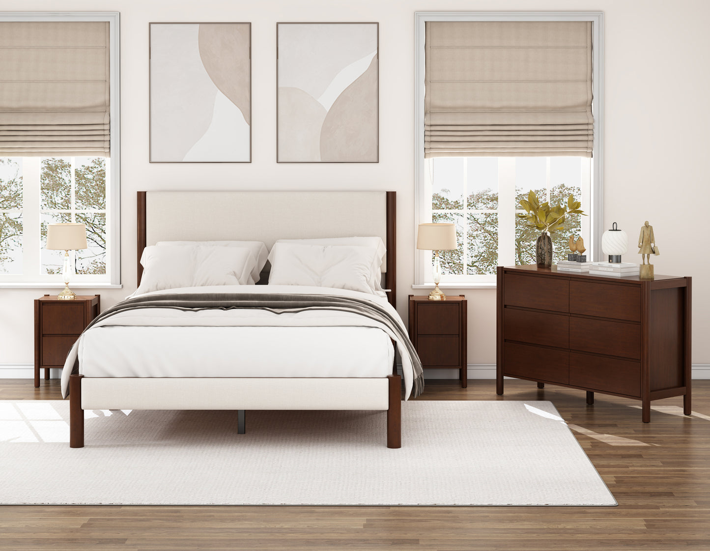 4 Pieces Bedroom Sets Mid Century Modern Upholestery Walnut Wood Frame Queen Platform Bed with Two Nightstands and Dresser