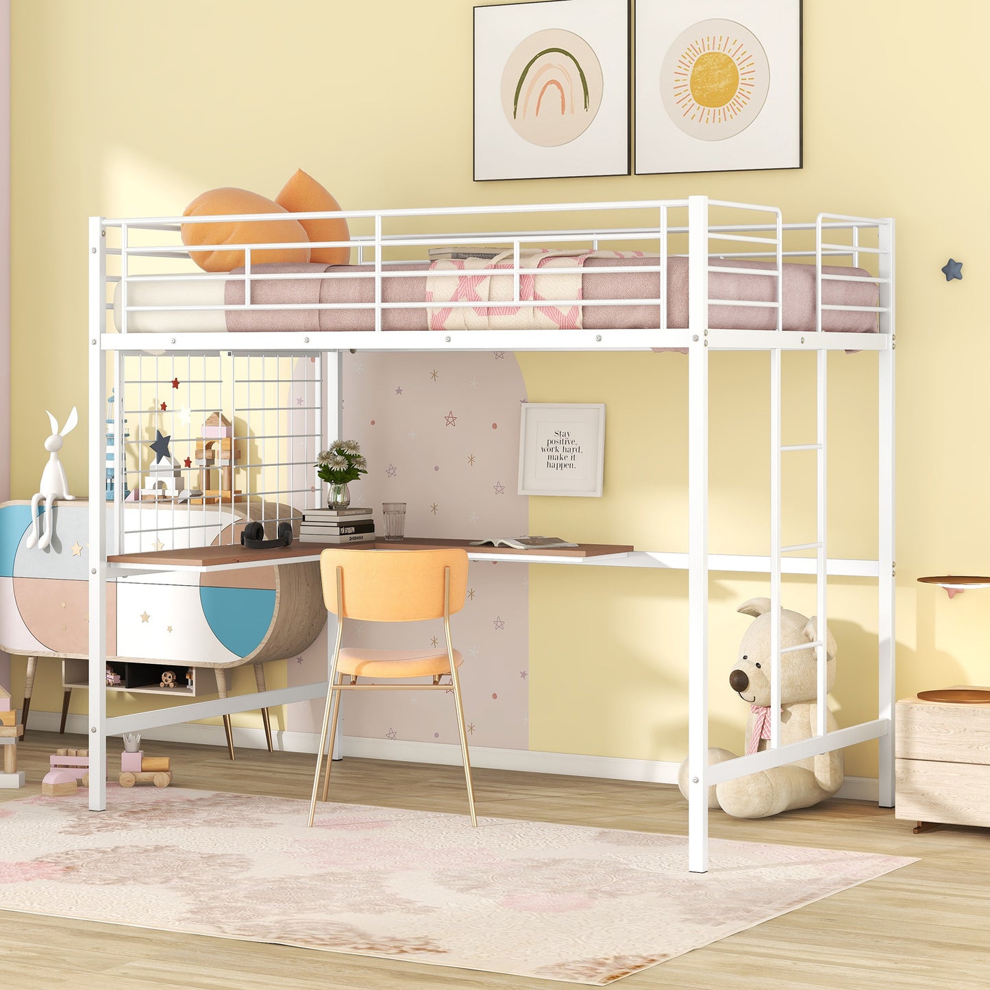 Full Metal Loft Bed with Desk and Metal Grid, White
