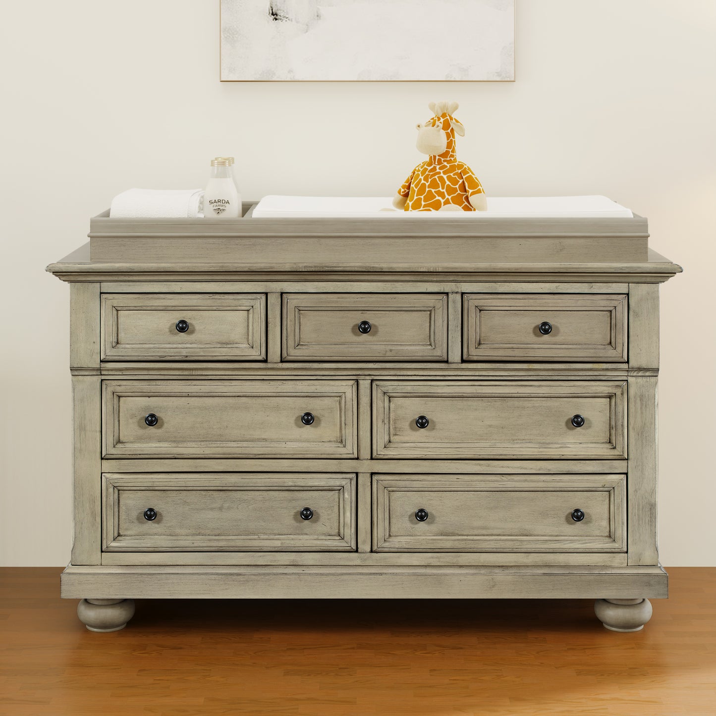 Solid Wood Seven-Drawer Dresser with Changing Topper for Nursery, Kid's Room, Bedroom, Stone Gray