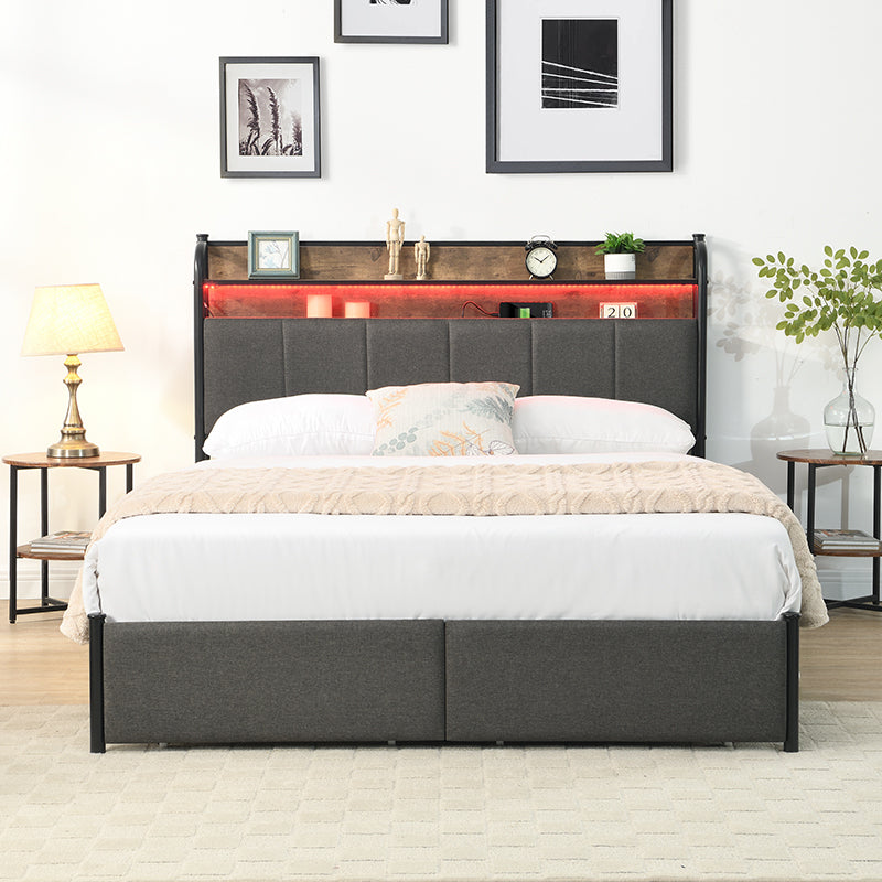 Queen Bed Frame, Storage Headboard with Charging Station, Solid and Stable, Noise Free, No Box Spring Needed, Easy Assembly