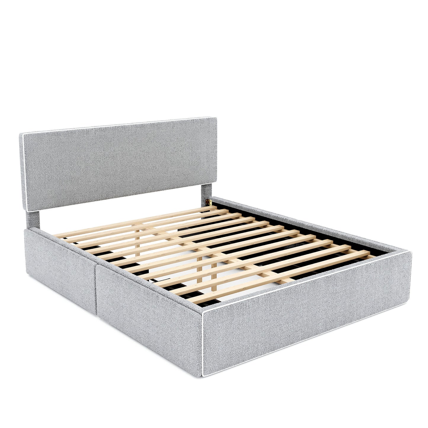 Queen Size Upholstered Platform Bed with 4 Drawers and White Edge on the Headboard & Footboard, Gray