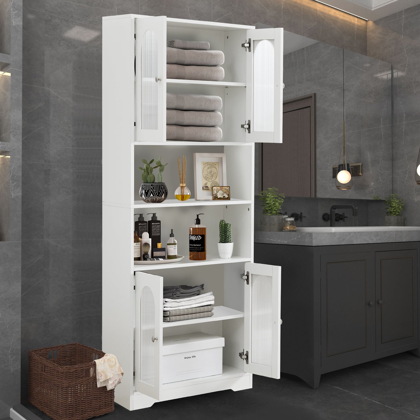 67" Tall Bathroom Storage Cabinet with Doors and Shelves, Towel Cabinet for Bathroom Freestanding, Linen Cabinet for Bathroom Storage 6 Tier, White Kitchen Pantry Cabinet Wood