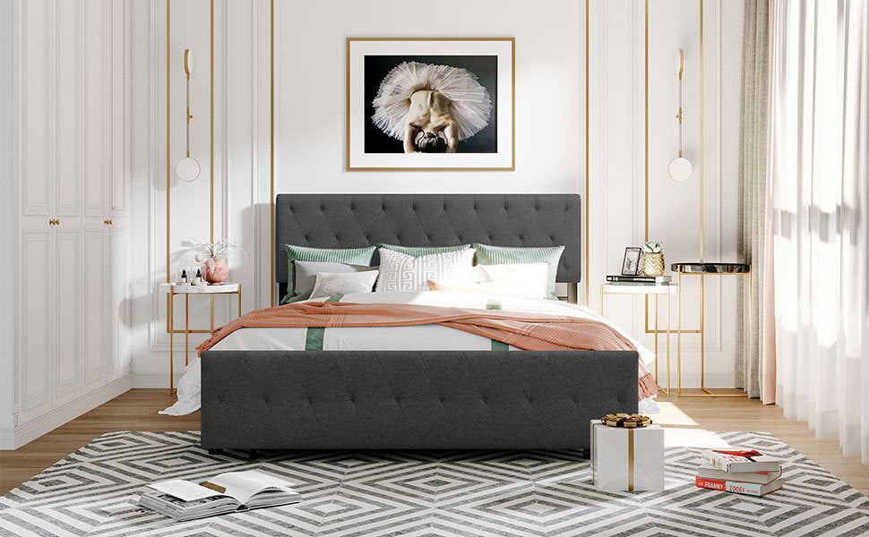 Queen Size Storage Bed Metal Platform Bed with a Big Drawer - Gray