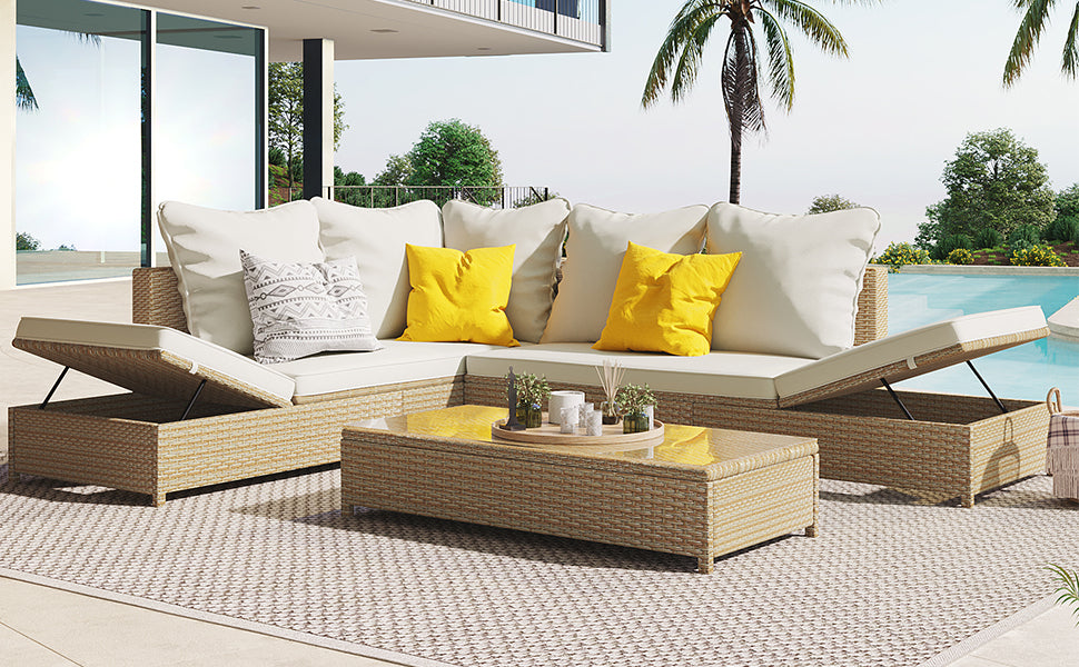 TOPMAX Patio 3-Piece Rattan Sofa Set All Weather PE Wicker Sectional Set with Adjustable Chaise Lounge Frame and Tempered Glass Table, Natural Brown