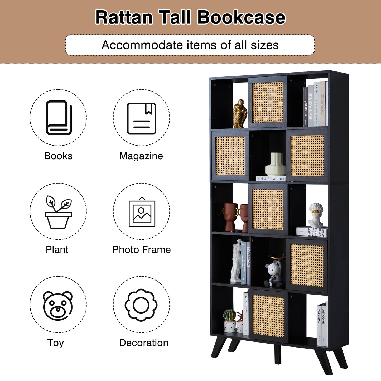 5 Tier Bookcase with Rattan Doors, 71" Shelf Rattan Boho Wood Shelves Large Bookshelves Farmhouse Bookcases Book Case for Bedroom, Living Room, Office (Black)