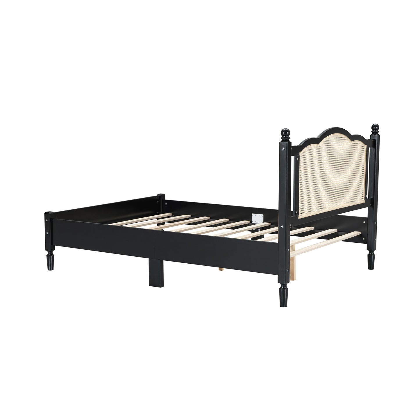 Full Size Wooden Platform Bed with Natural Rattan Headboard, Vintage Bed Frame with Wooden Slat Support, Black (Expected Arrival Time: 08.23)