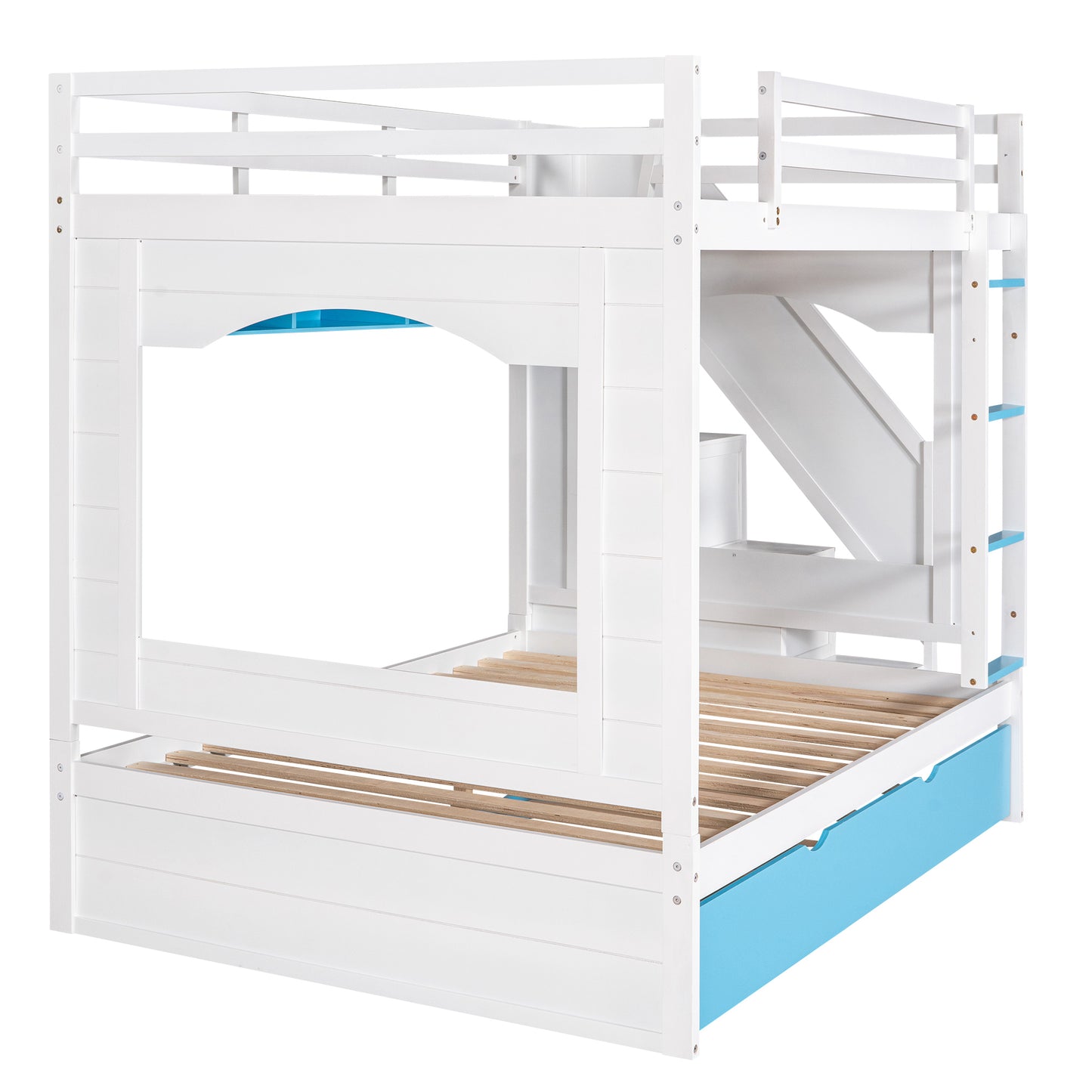 Full Over Full Bunk Bed with Trundle ,Stairs,Ladders Solid Wood Bunk bed with Storage Cabinet (White + Blue)