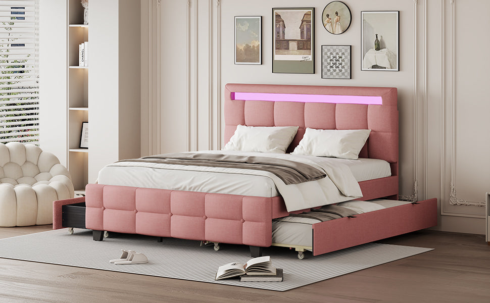 Queen Size Upholstered Platform Bed with LED Frame, with Twin XL Size Trundle and 2 drawers, Linen Fabric, Pink