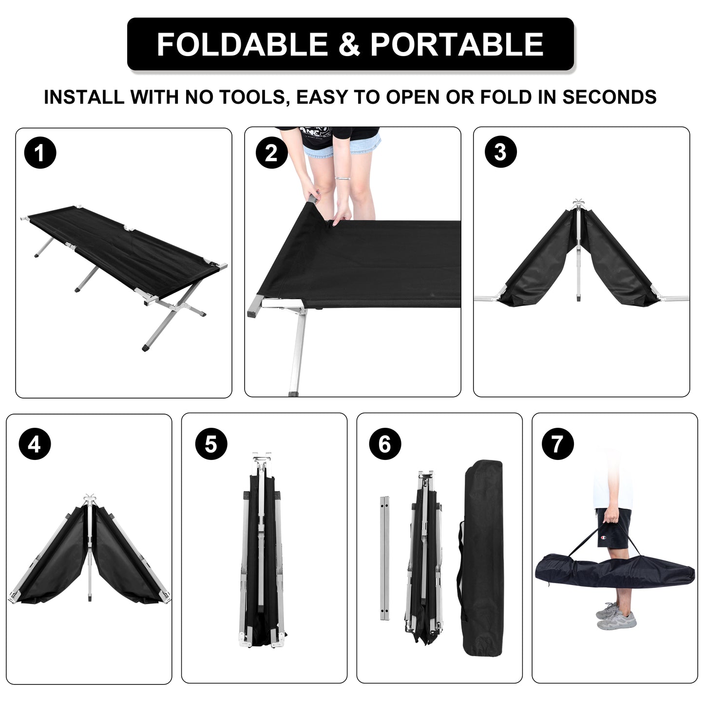YSSOA Folding Camping Cot with Storage Bag for Adults, Portable and Lightweight Sleeping Bed for Outdoor Traveling, Hiking, Easy to Set up (Color: Black)