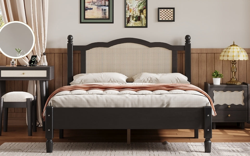 Full Size Wooden Platform Bed with Natural Rattan Headboard, Vintage Bed Frame with Wooden Slat Support, Black (Expected Arrival Time: 08.23)