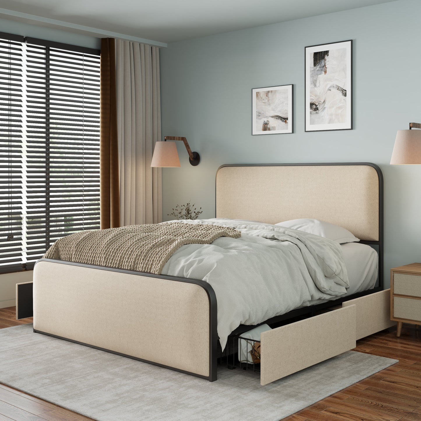 Modern Metal Bed Frame with Curved Upholstered Headboard and Footboard Bed with 4 Storage Drawers, Heavy Duty Metal Slats, Full Size, Beige