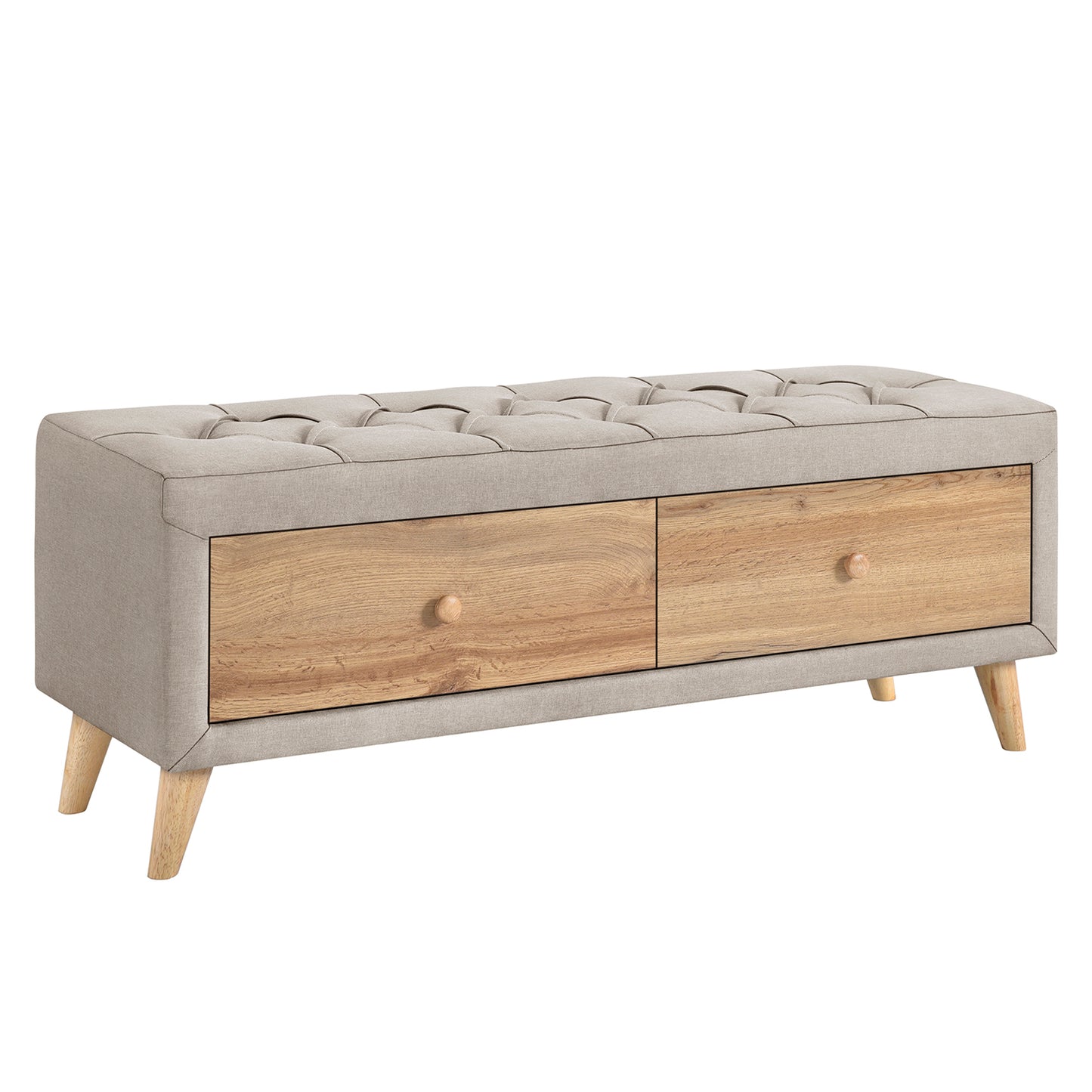 Upholstered Wooden Storage Ottoman Bench with 2 Drawers For Bedroom,Fully Assembled Except Legs and Handles,Padded Seat with Rubber Wood Leg-Beige