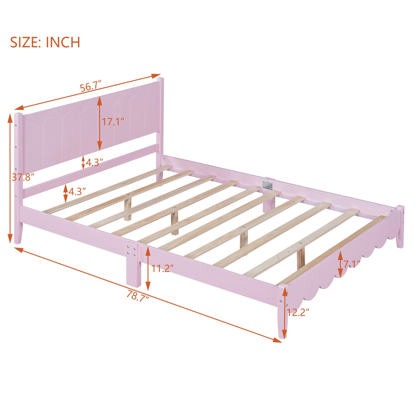 Full Size Wood Platform Bed Frame, Retro Style  Bed with Rectangular Headboard,No Need Box Spring,Pink