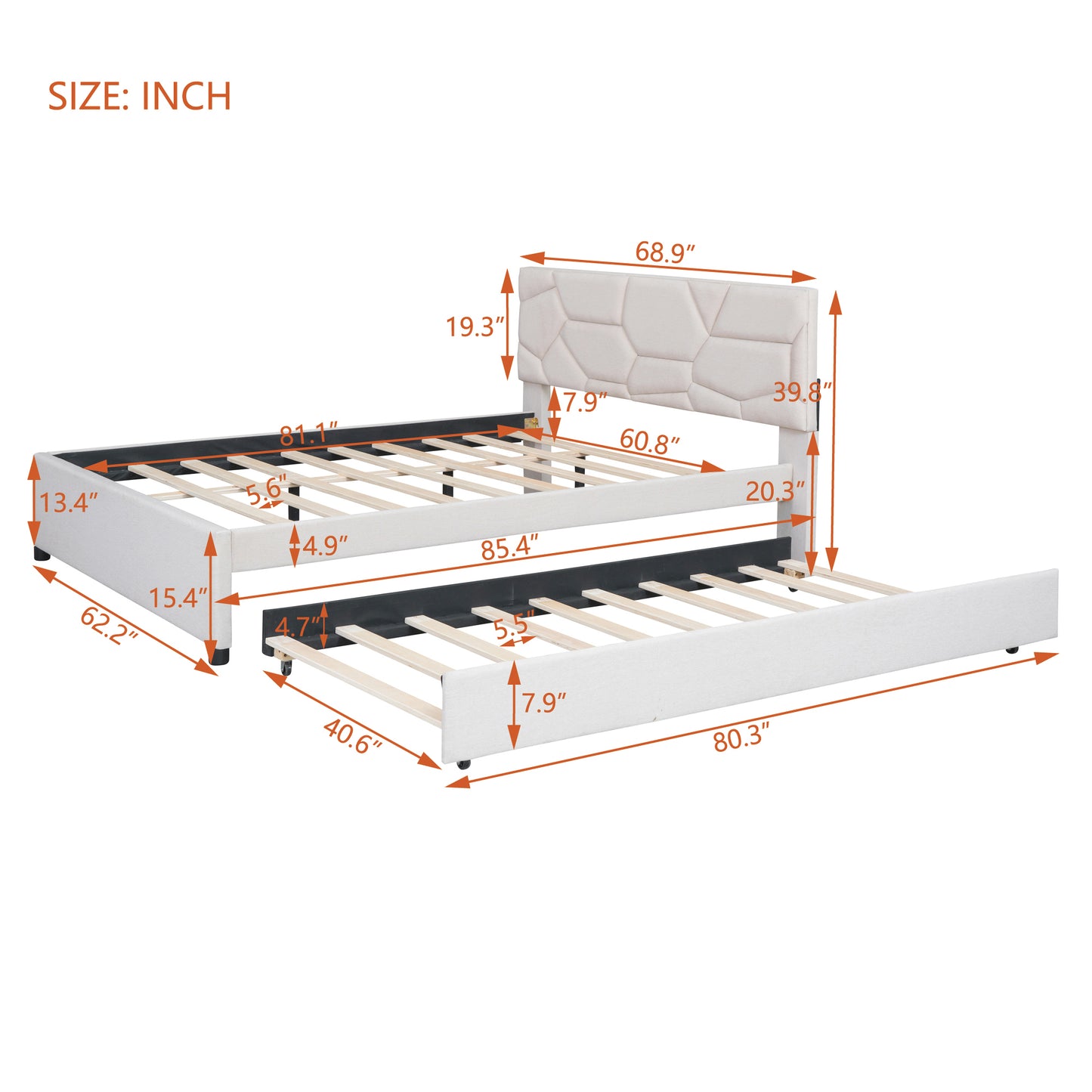 Queen Size Upholstered Platform Bed with Brick Pattern Headboard and Twin XL Size Trundle, Linen Fabric, Beige