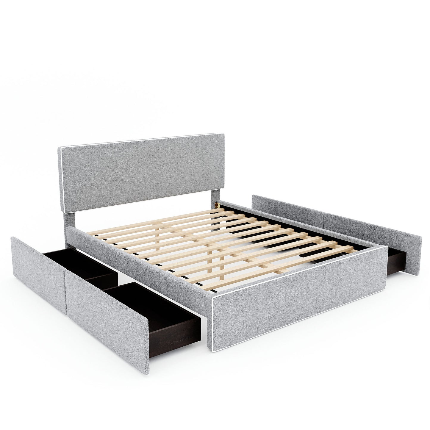 Queen Size Upholstered Platform Bed with 4 Drawers and White Edge on the Headboard & Footboard, Gray