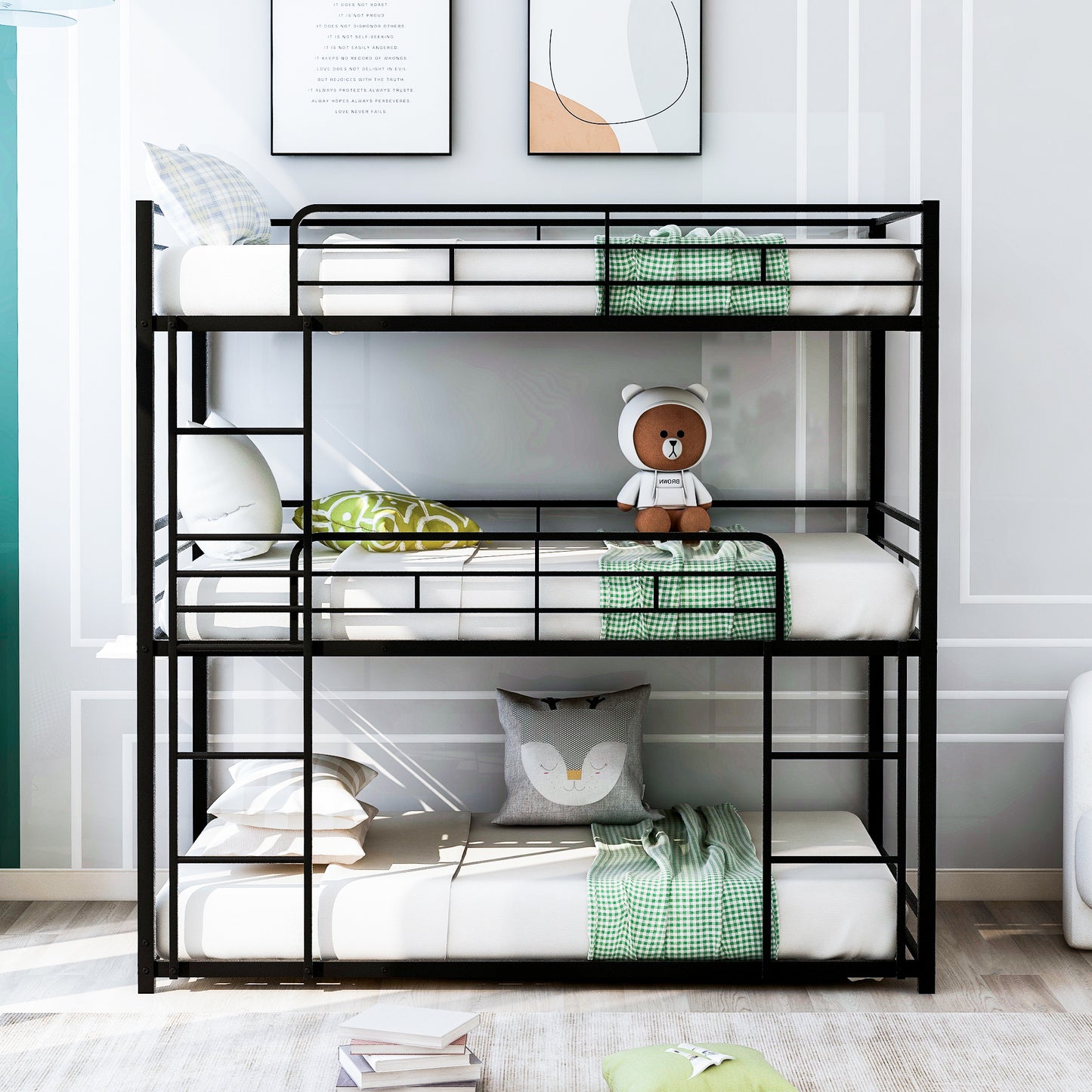 Metal Twin Size Triple Bunk Bed, Black