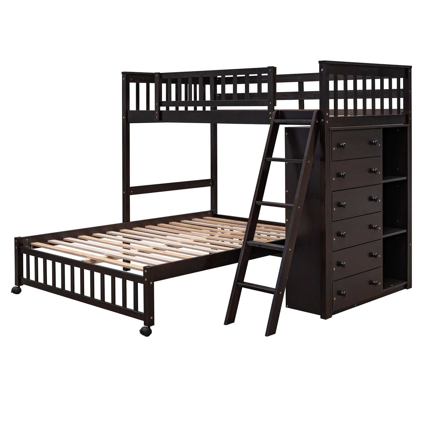 Wooden Twin Over Full Bunk Bed With Six Drawers And Flexible Shelves,Bottom Bed With Wheels,Espresso(OLD SKU:LP000531AAP)