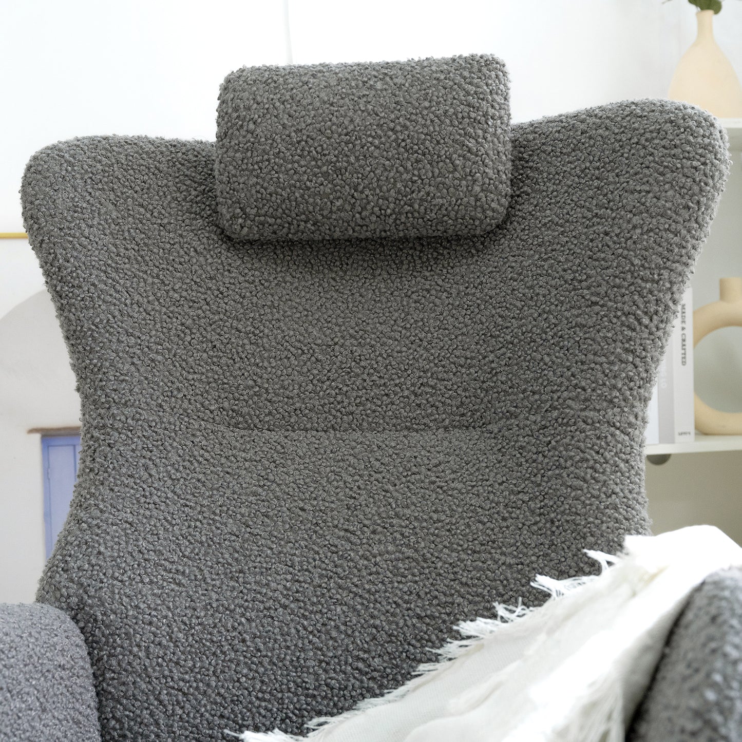 Rocking Chair Nursery, Teddy Upholstered Rocker Glider Chair with High Backrest, Adjustable Headrest & Pocket, Comfy Glider Chair for Nursery, Bedroom, Living Room, Offices, Rubber wood, gray