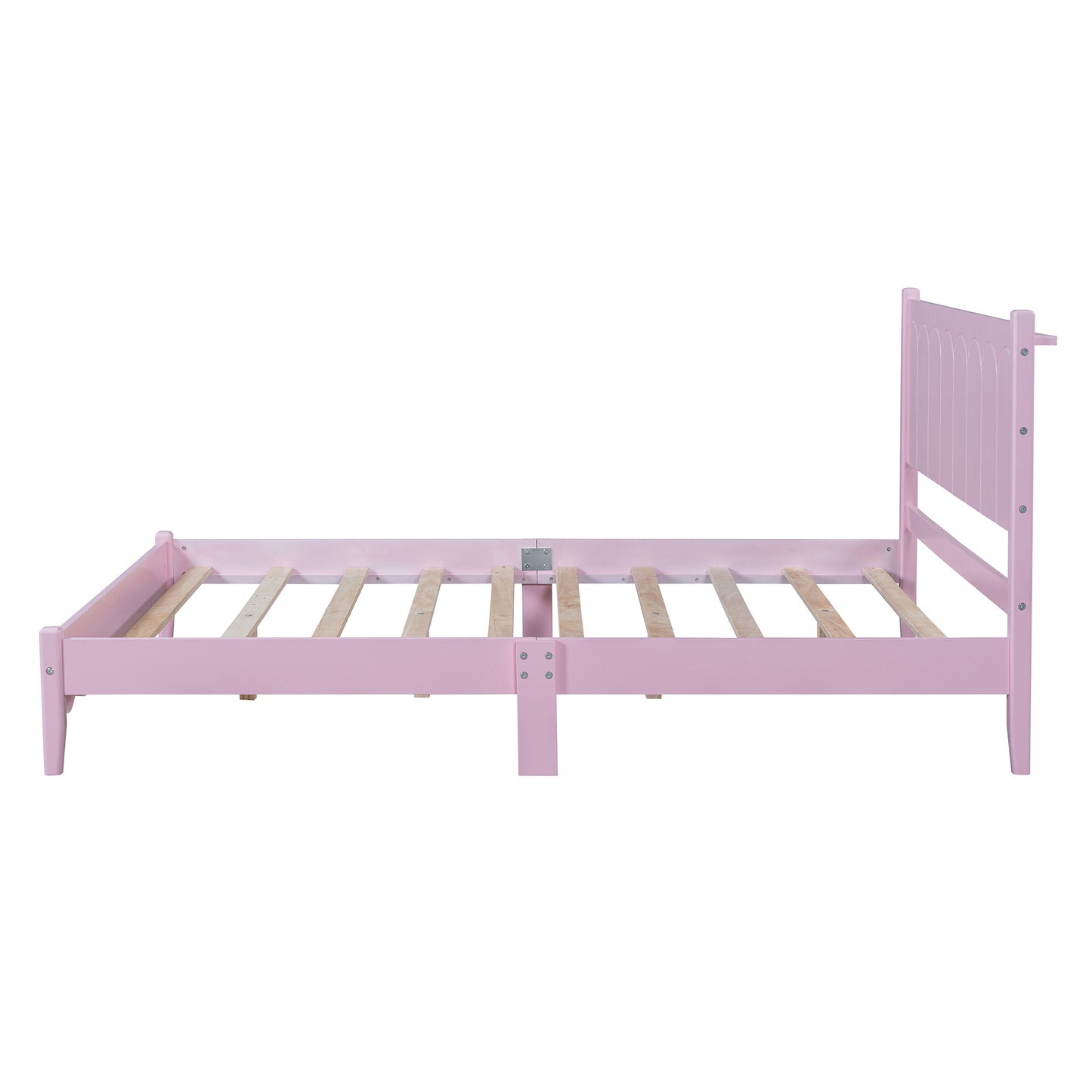 Full Size Wood Platform Bed Frame, Retro Style  Bed with Rectangular Headboard,No Need Box Spring,Pink
