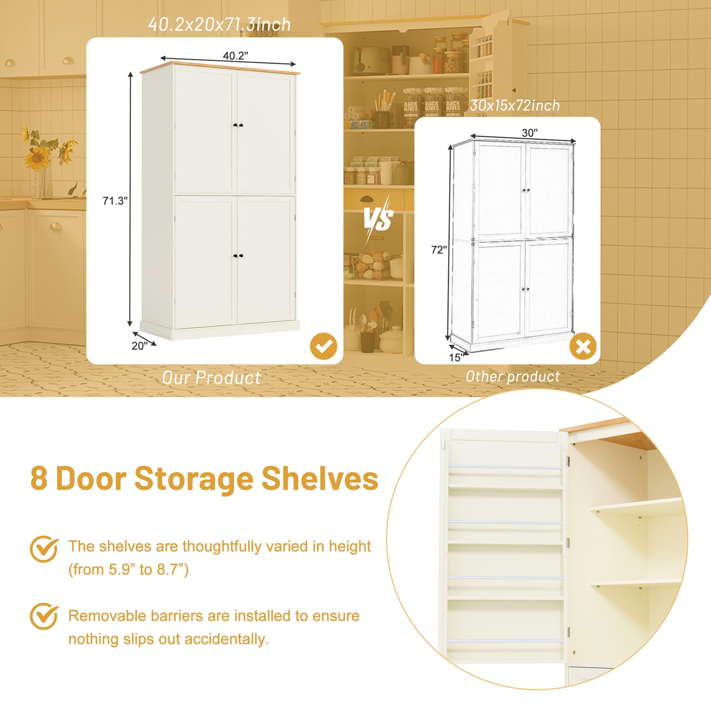 [Assembly Video Provided]TOPMAX 40.2x20x71.3inch High Freestanding Kitchen Pantry Large Cupboard Storage Cabinet with 2 Drawers, 2 Adjustable Shelves, 8 Door Shelves for Kitchen, Dining Room,Cream