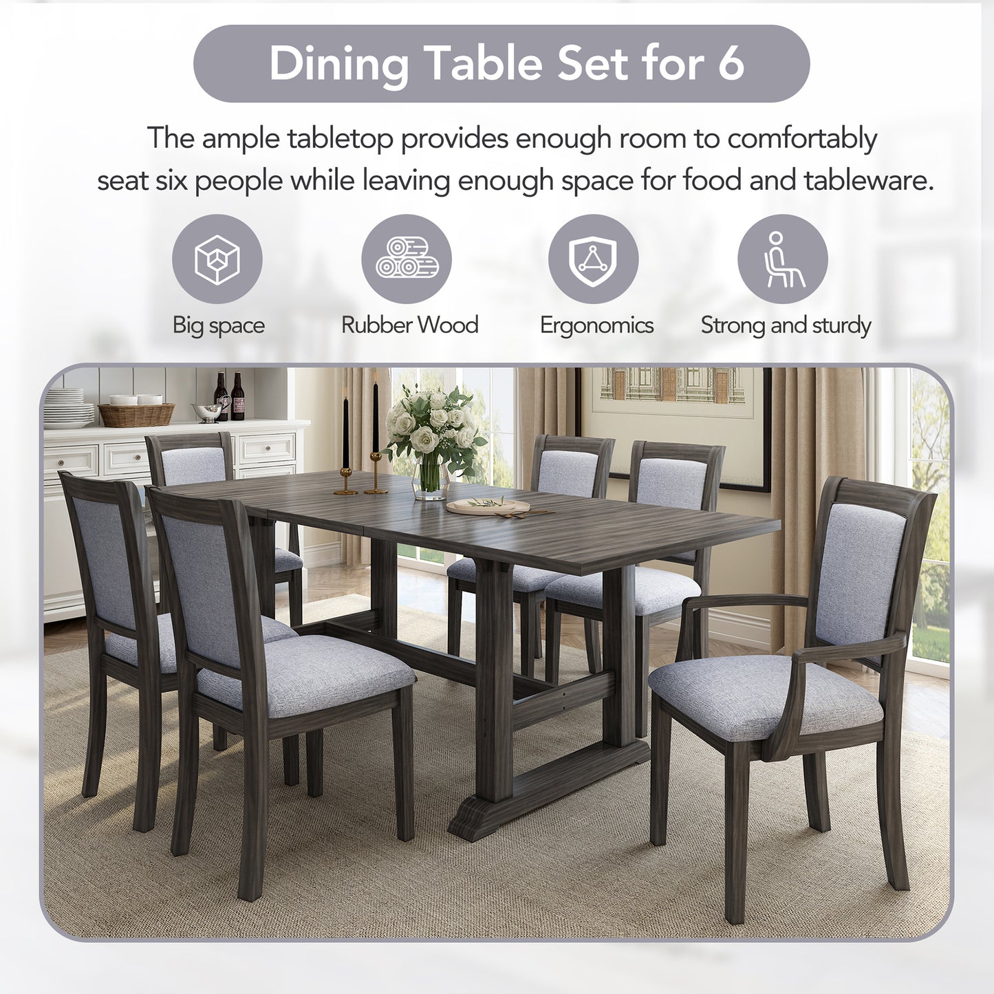 TOPMAX 7-Piece Updated 76.9inch Extendable Trestle Dining Table Set with Removable Leaf, Kitchen Table Set with Upholstered Side Chair and Arm Chair, Set of 6, Grey