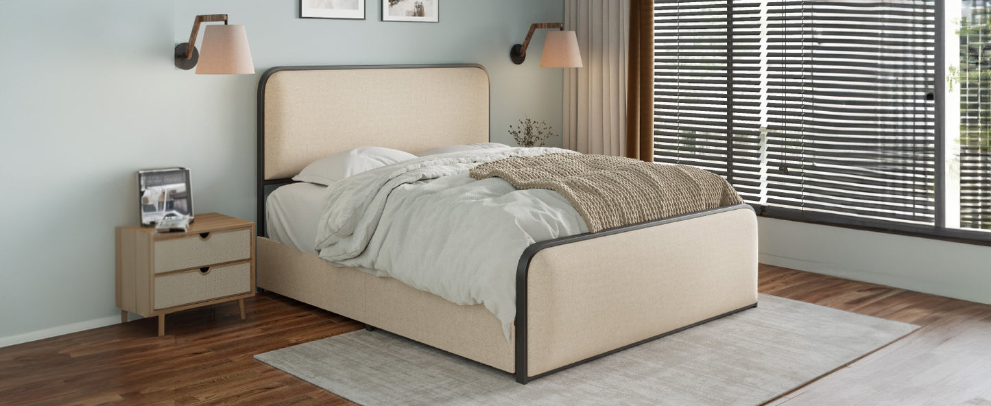 Modern Metal Bed Frame with Curved Upholstered Headboard and Footboard Bed with 4 Storage Drawers, Heavy Duty Metal Slats, Full Size, Beige