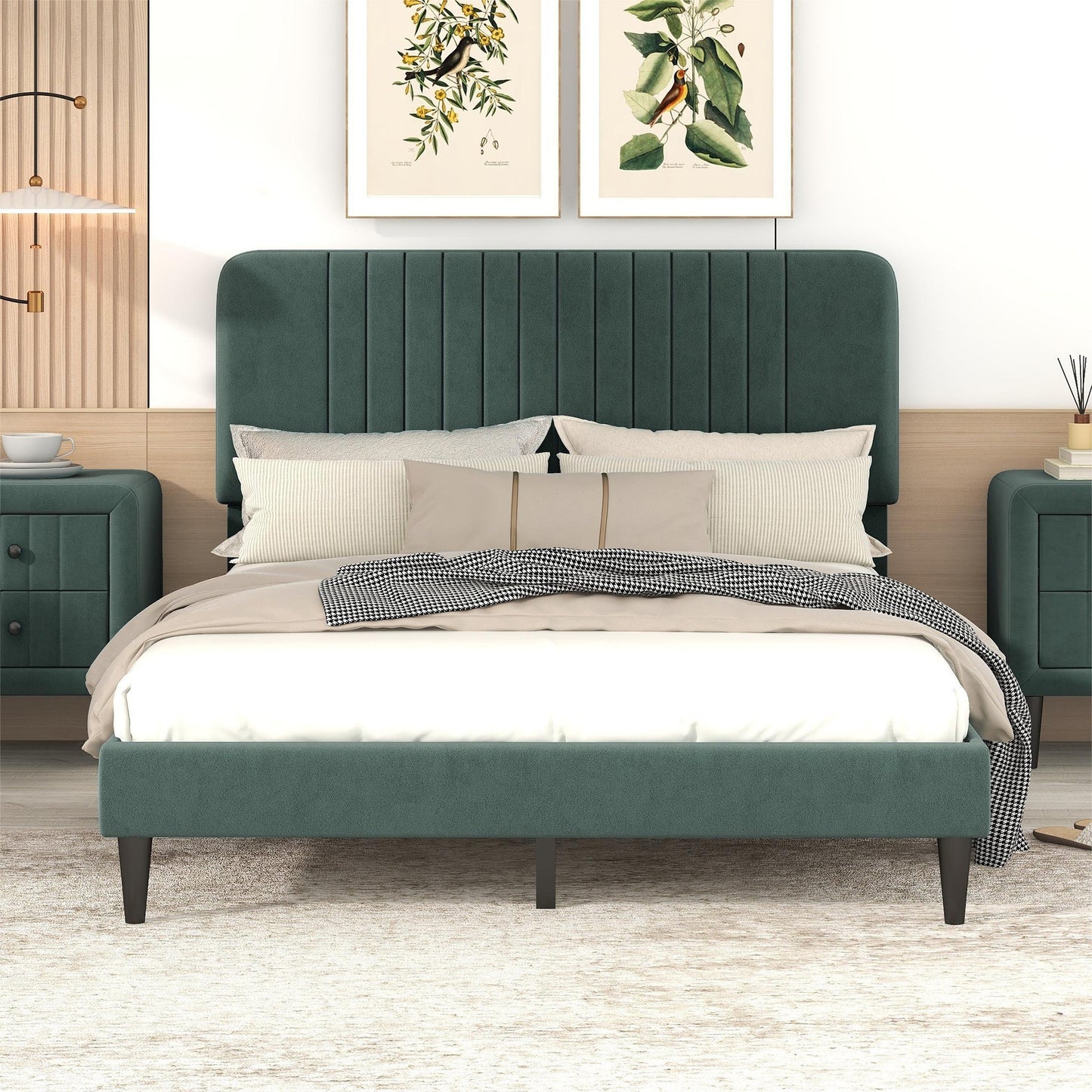 Full Size Upholstered Platform Bed,No Box Spring Needed, Velvet Fabric,Green