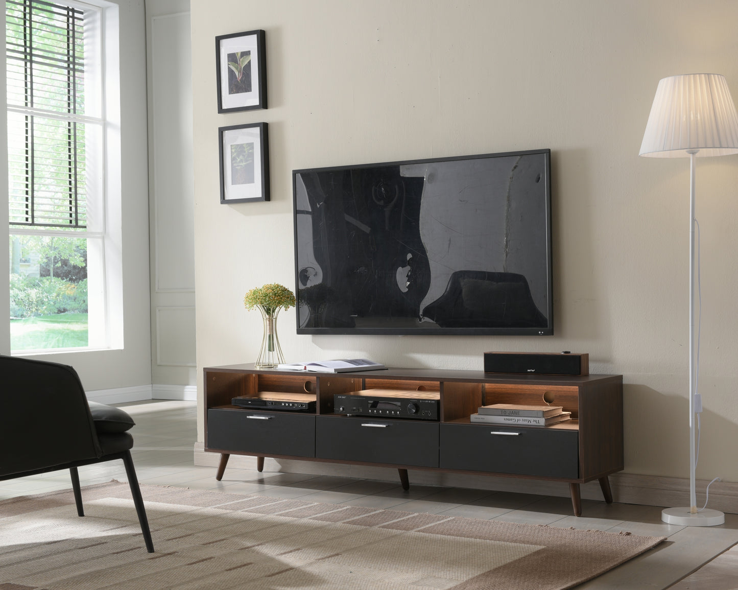 LED TV Stand LED Entertainment Center with Storage Modern LED Media Console Tables LED TV Cabinet for Living Room Bedroom and Office Walnut