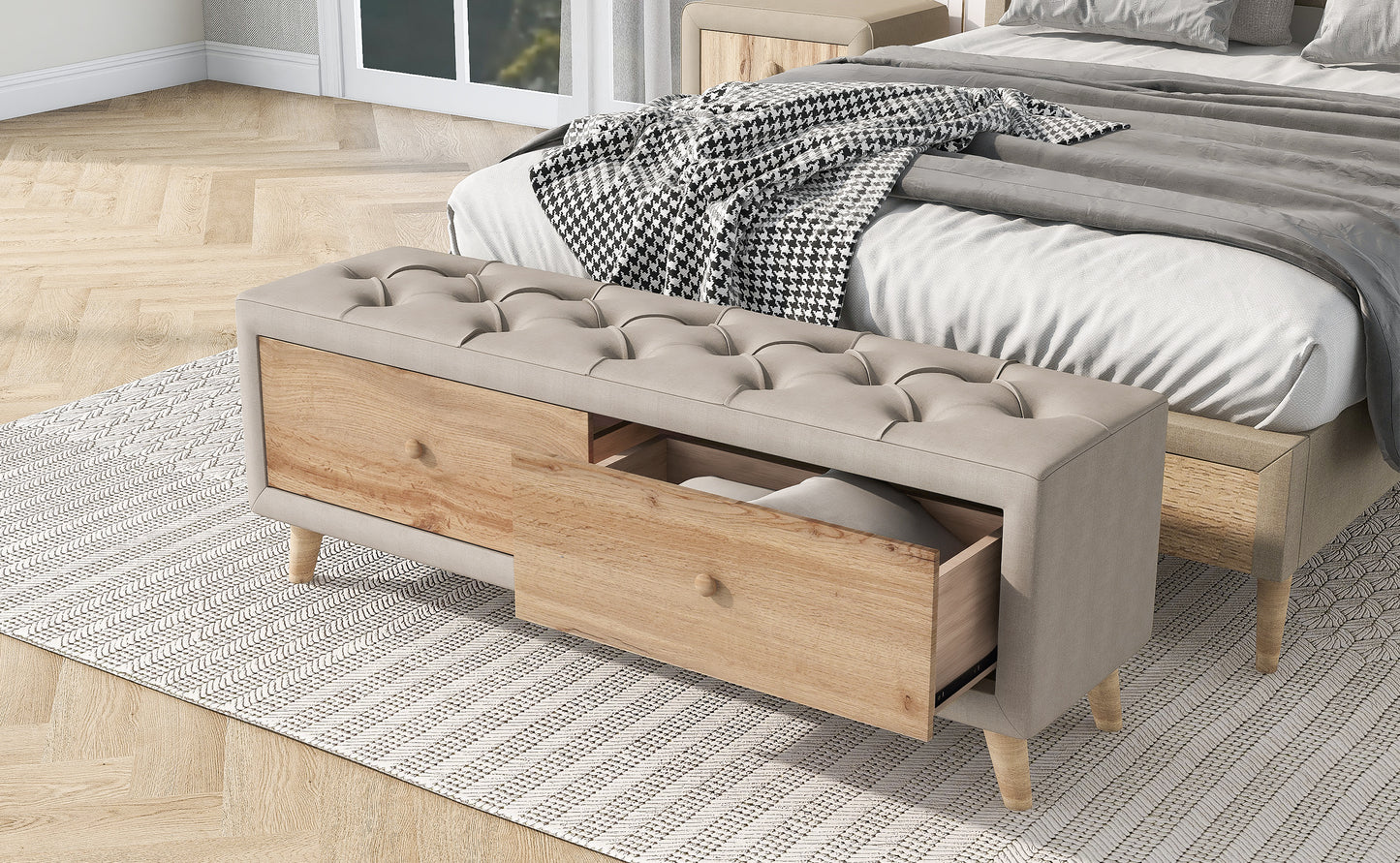 Upholstered Wooden Storage Ottoman Bench with 2 Drawers For Bedroom,Fully Assembled Except Legs and Handles,Padded Seat with Rubber Wood Leg-Beige