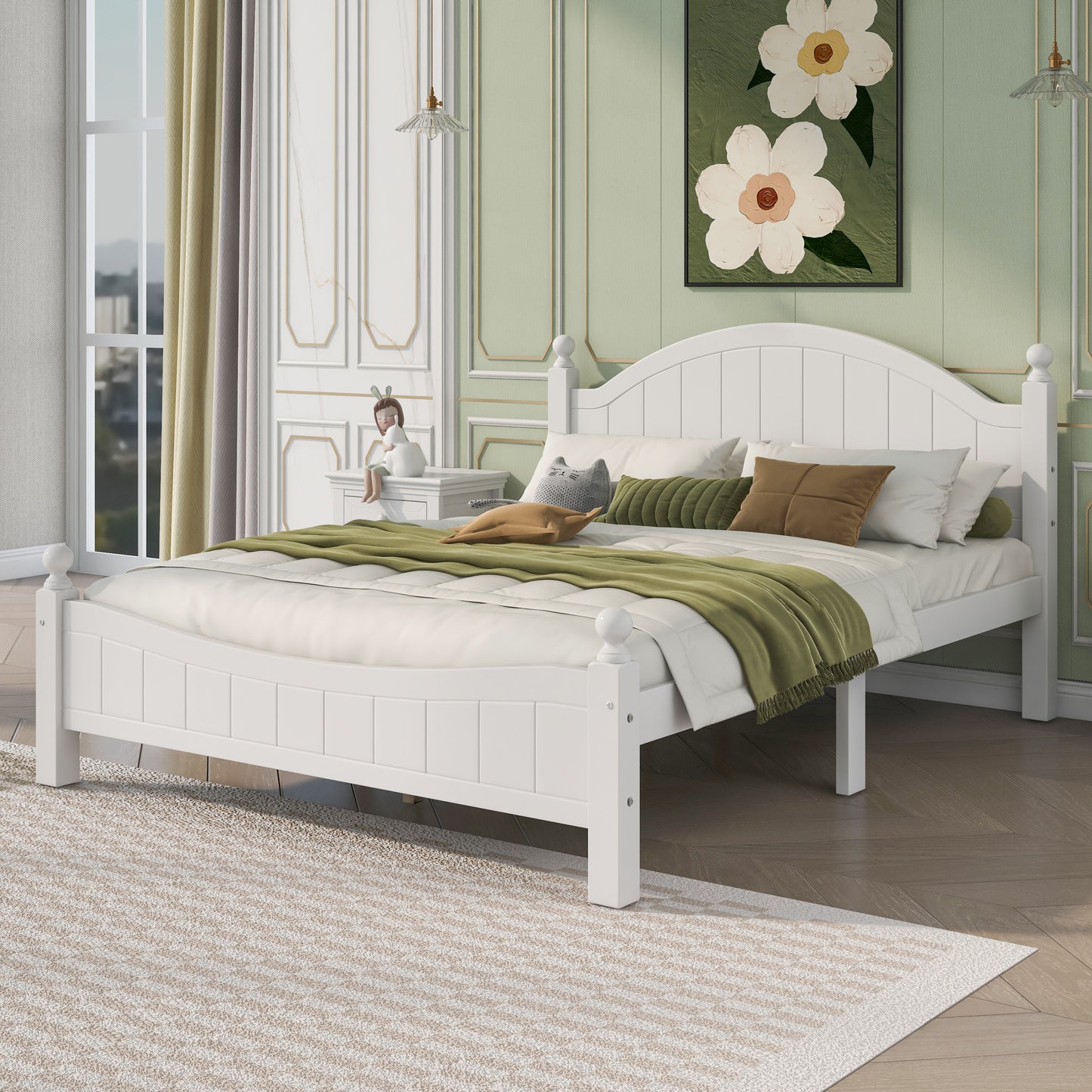 Traditional Concise Style White Solid Wood Platform Bed, No Need Box Spring, Queen (Old sku:BS295901AAA)