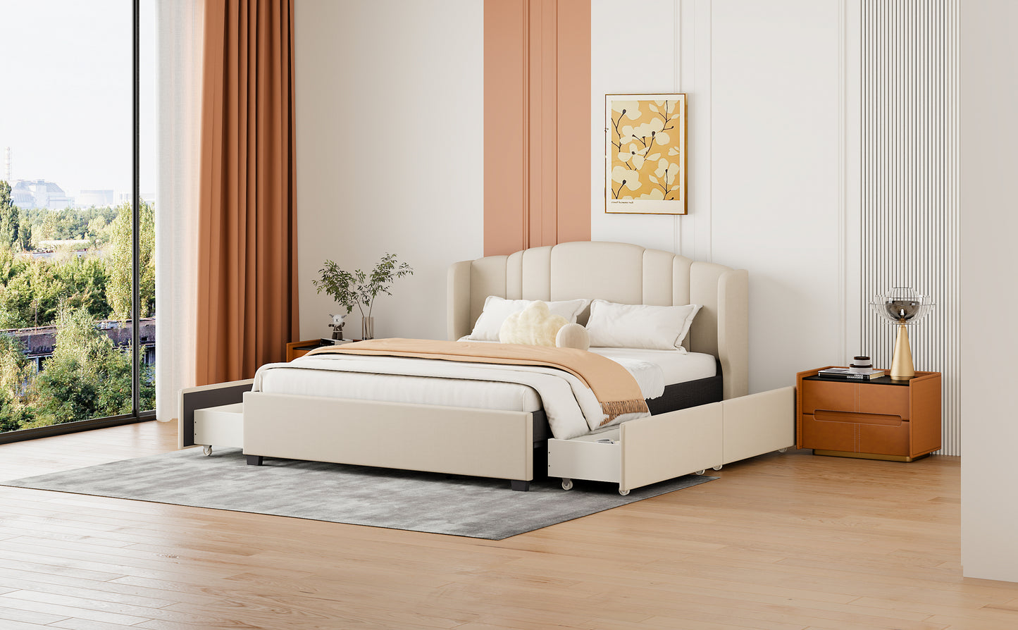 Upholstered Platform Bed with Wingback Headboard and 4 Drawers, No Box Spring Needed, Linen Fabric, Queen Size Beige