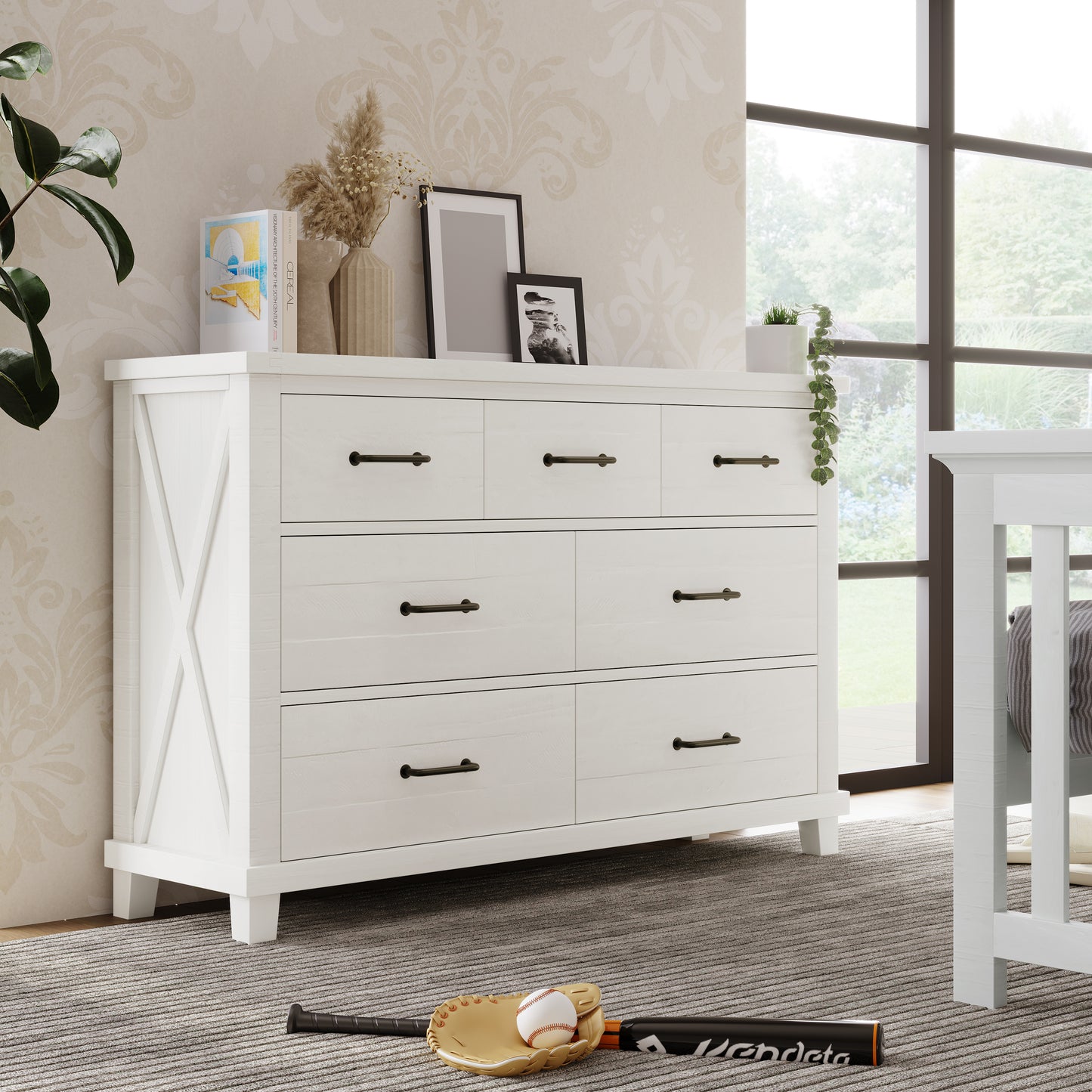 Rustic Farmhouse Style Solid Pine Wood Whitewash Seven-Drawer Dresser for Living Room, Bedroom,White