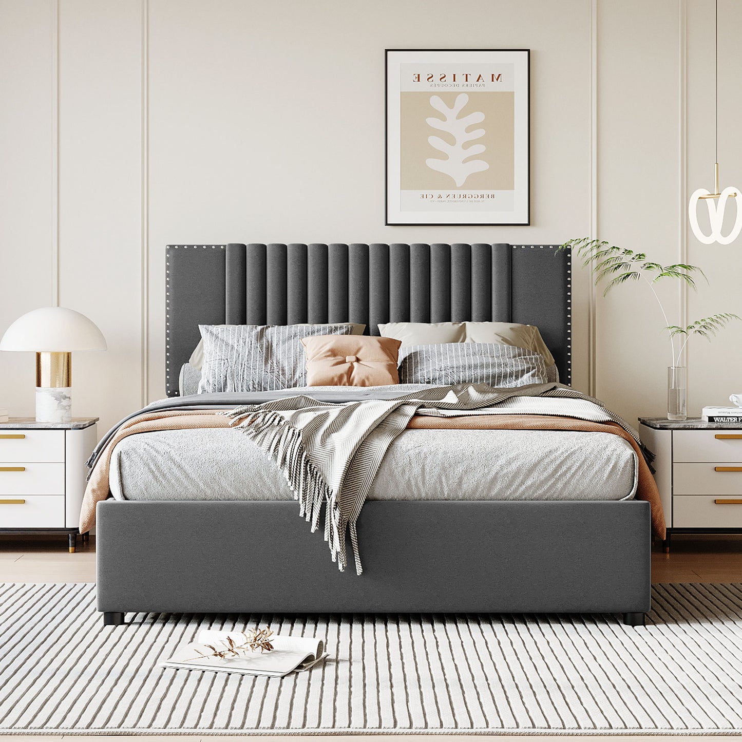 Full Size Upholstered Platform Bed with Classic Headboard and 4 Drawers, Linen Fabric, Gray