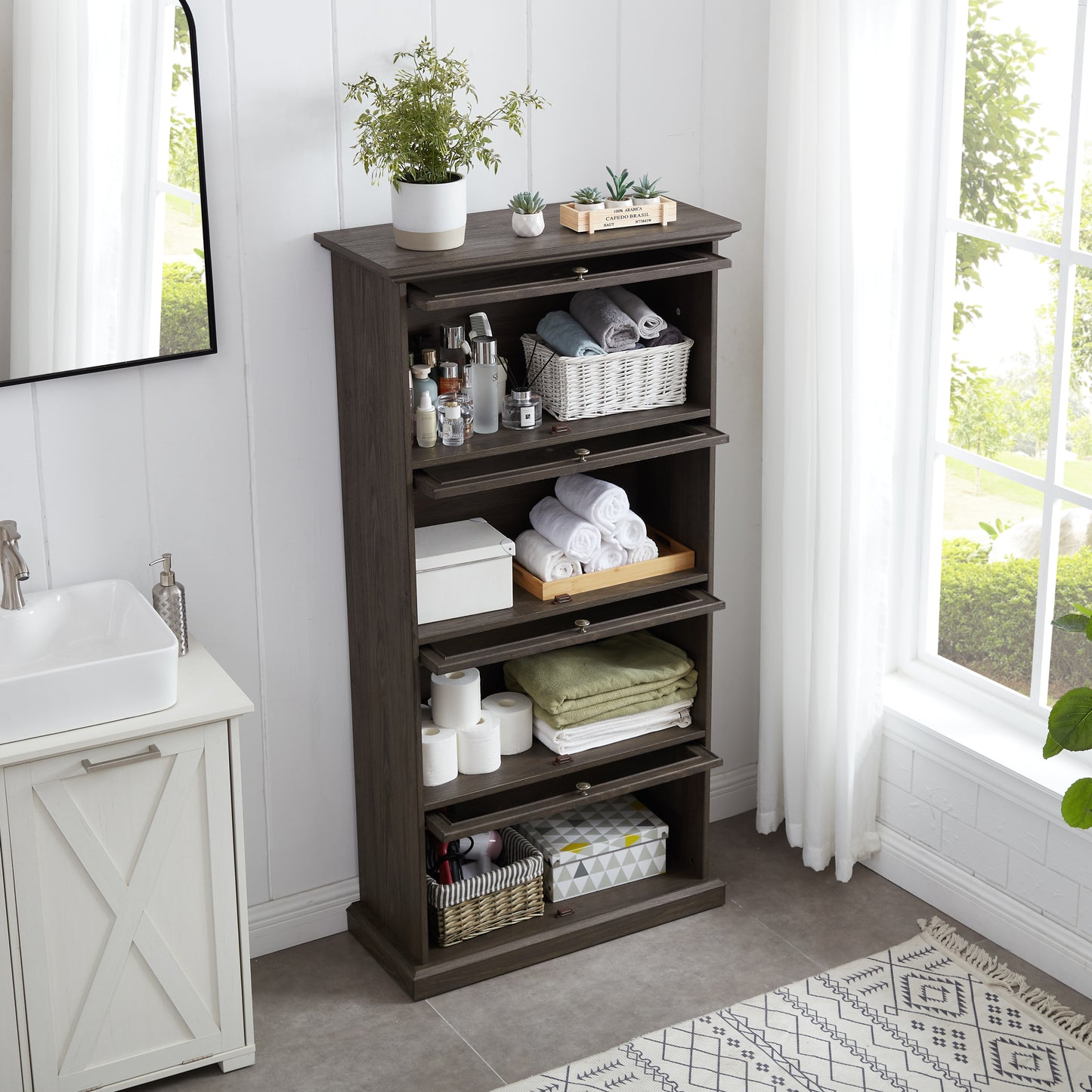Glass display cabinet 4 Tier Glass Display Cabinet Storage Curio Cabinet with Flip up Glass Doors, Collectors Showcase Toy Figure Organizers Rack, Bookcase for Living Room BRO