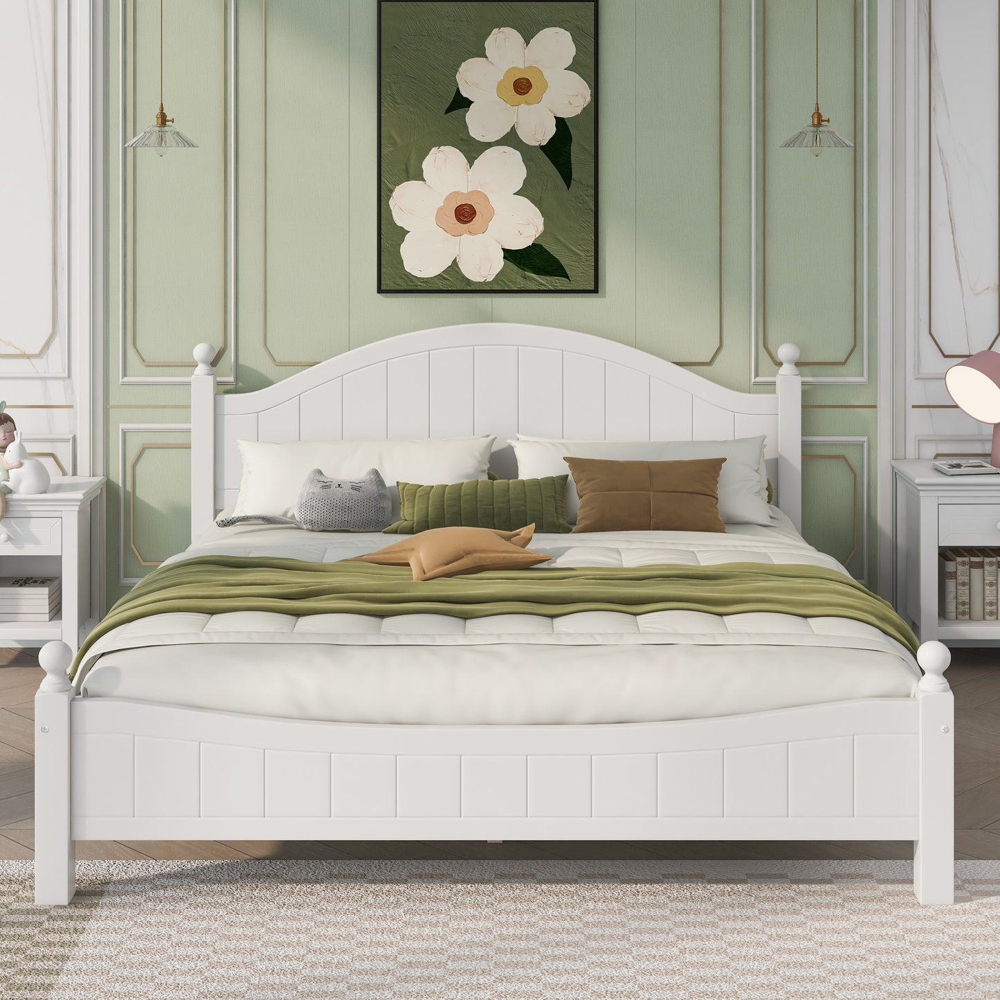 4 Pieces Traditional Concise Style White Bedroom Sets, Nightstand+ Dresser+ Mirror+King Bed