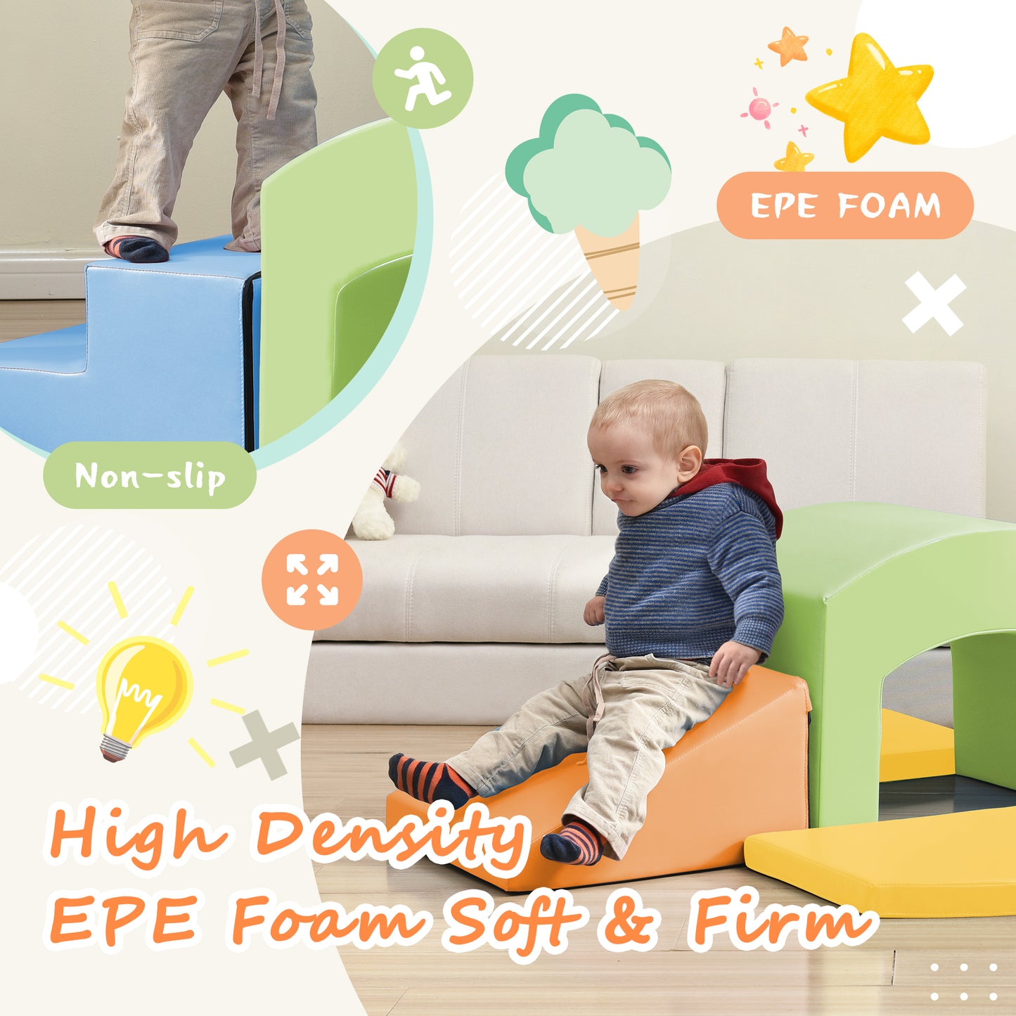 Soft Foam Playset for Toddlers, Safe SoftZone Single-Tunnel Foam Climber for Kids, Lightweight Indoor Active Play Structure with Slide Stairs and Ramp for Beginner Toddler Climb and Crawl