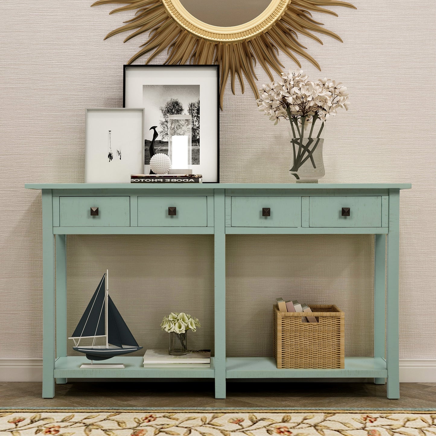 TREXM Rustic Brushed Texture Entryway Table Console Table with Drawers and Bottom Shelf for Living Room (Tiffany Blue)