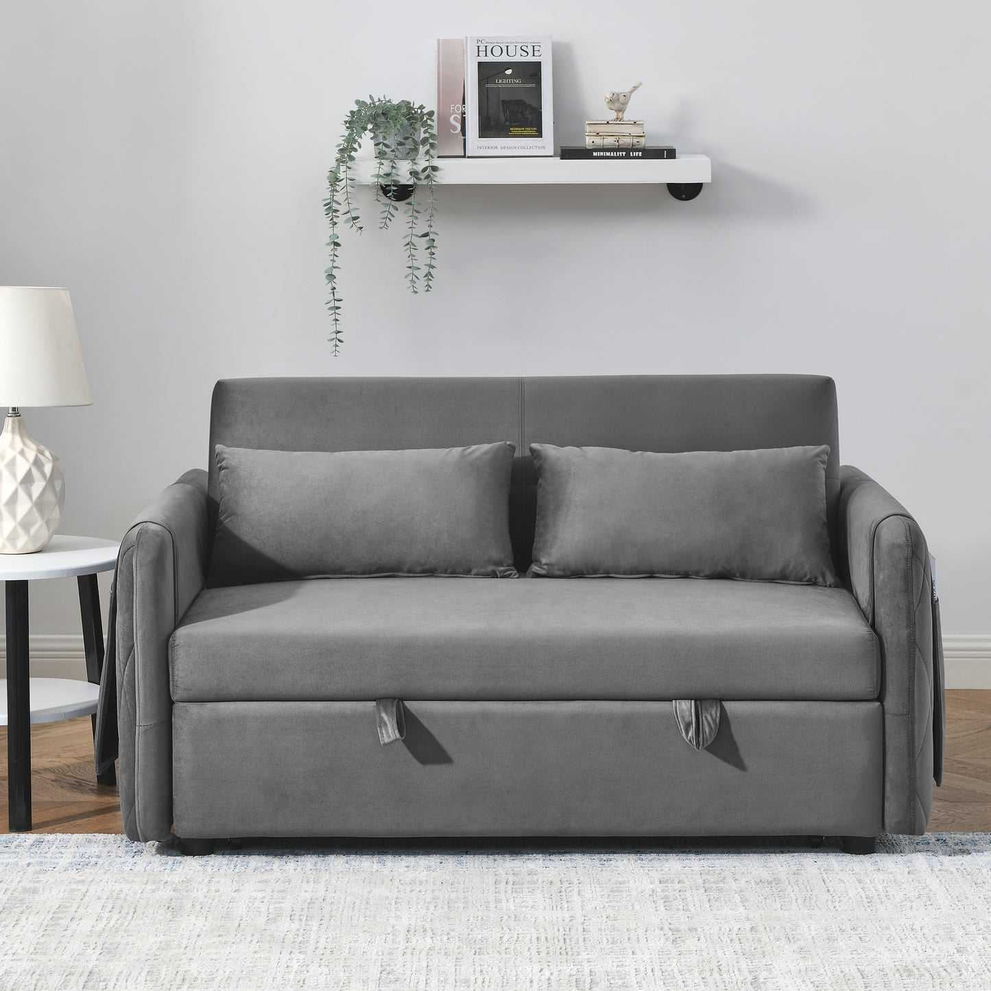 55" Modern Convertible Sofa Bed with 2 Detachable Arm Pockets, Velvet Loveseat Sofa with Pull Out Bed, 2 Pillows and Living Room Adjustable Backrest, Grid Design Armrests Gray