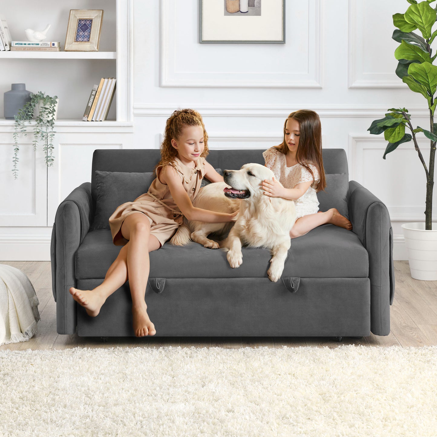 55" Modern Convertible Sofa Bed with 2 Detachable Arm Pockets, Velvet Loveseat Sofa with Pull Out Bed, 2 Pillows and Living Room Adjustable Backrest, Grid Design Armrests Gray