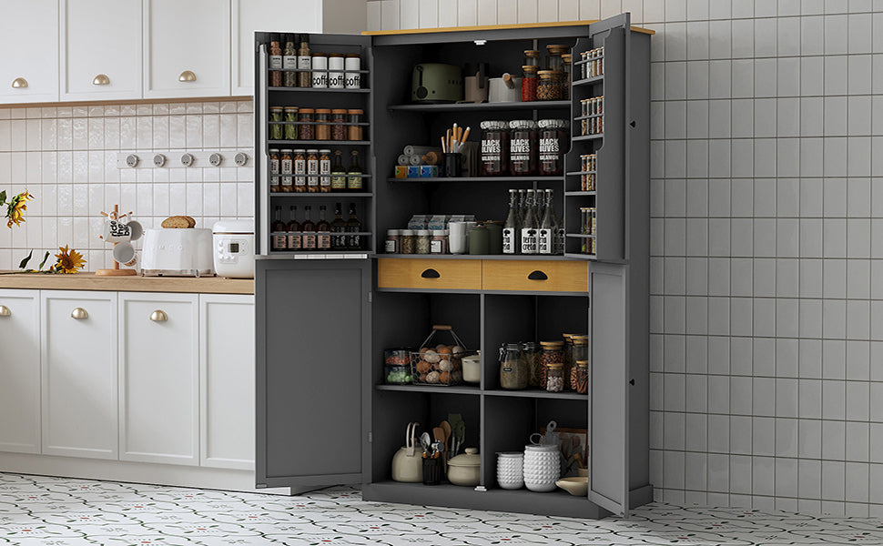 [Assembly Video Provided]TOPMAX 40.2x20x71.3inch High Freestanding Kitchen Pantry Large Cupboard Storage Cabinet with 2 Drawers, 2 Adjustable Shelves, 8 Door Shelves for Kitchen, Dining Room,Gray
