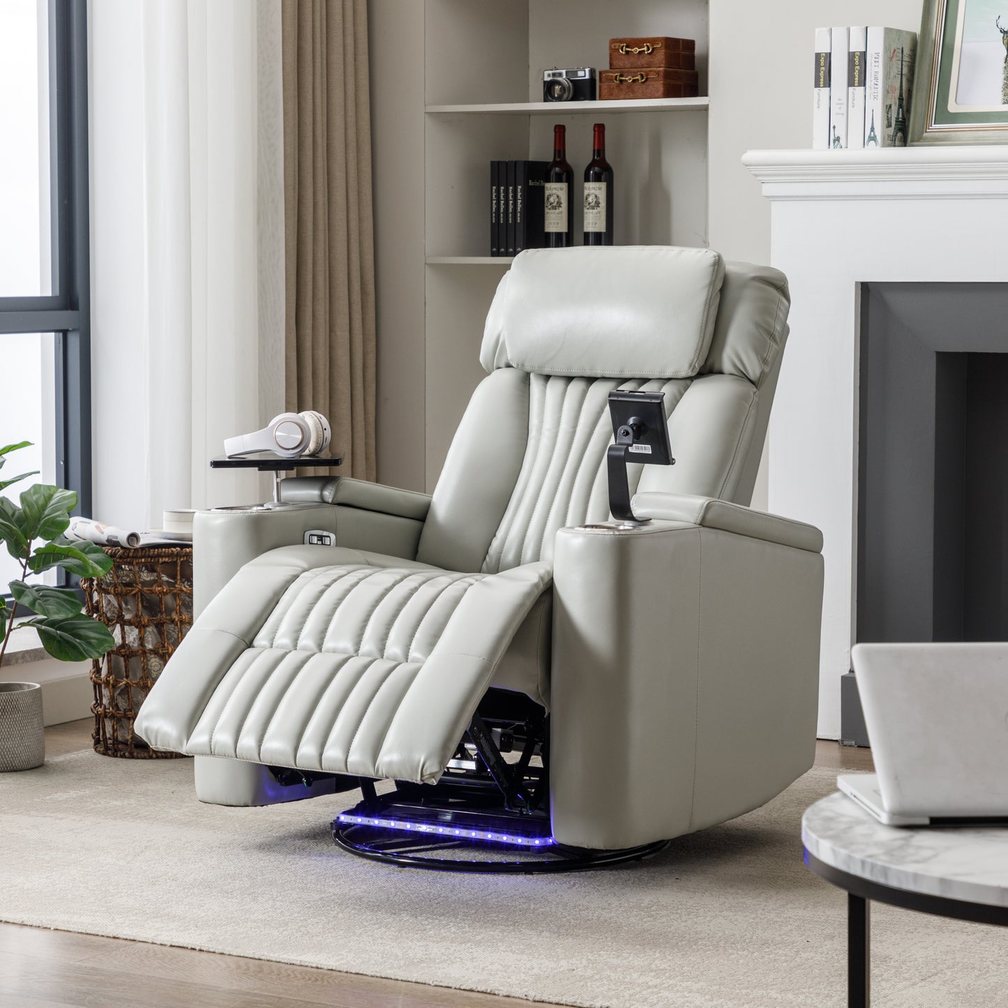 270° Power Swivel Recliner,Home Theater Seating With Hidden Arm Storage and  LED Light Strip,Cup Holder,360° Swivel Tray Table,and Cell Phone Holder,Soft Living Room Chair,Grey