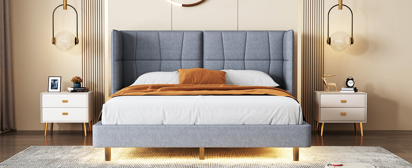 Queen Size Upholstered Platform Bed with LED Lights and U-Shaped Headboard, Linen Fabric, Gray