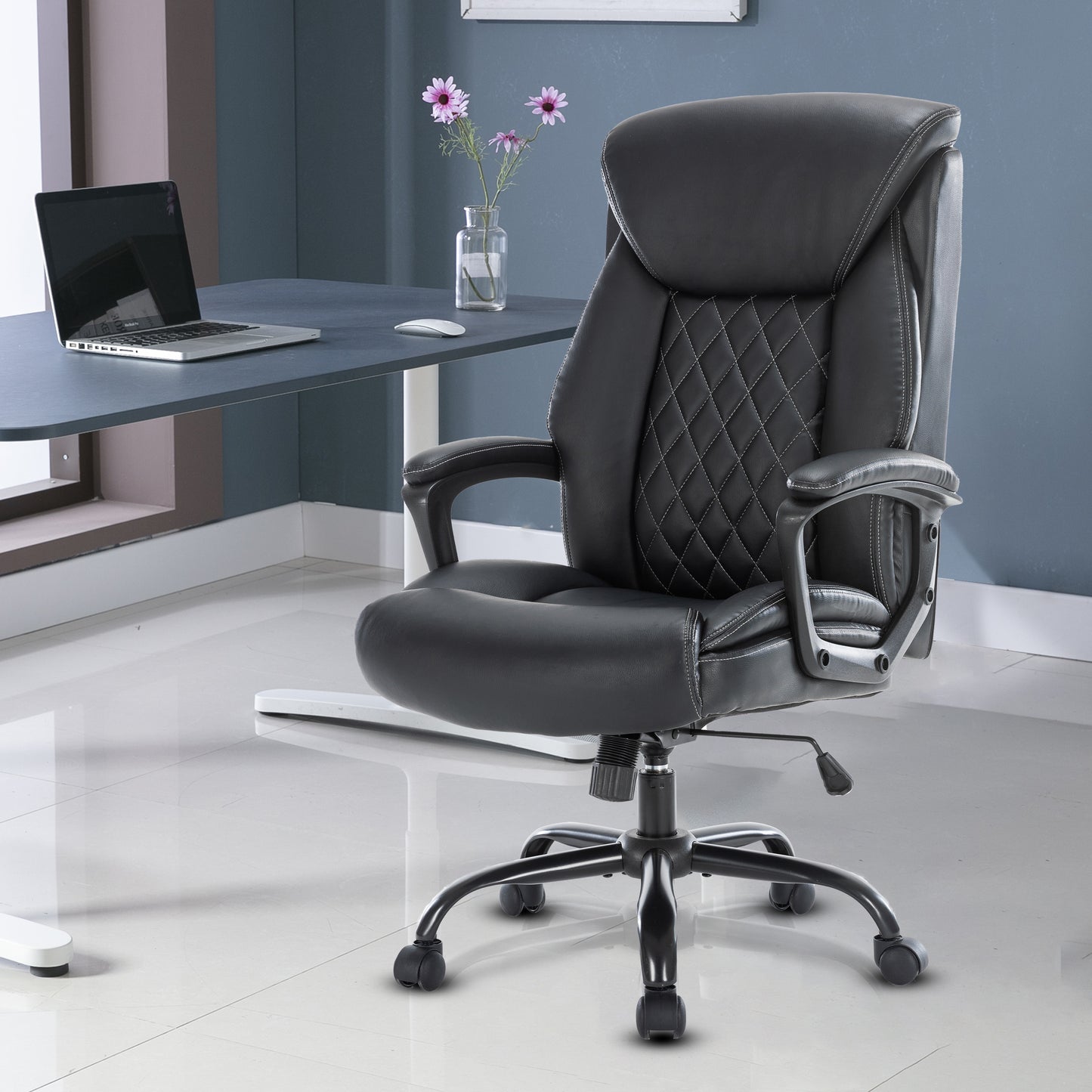 Computer Chair-Office Chair-Executive Office Chair with Fixed Armrests-Ergonomic Office Desk Chair High Back-Computer Chair with Wheels-Leather Office Chair Black with Paded Armrests