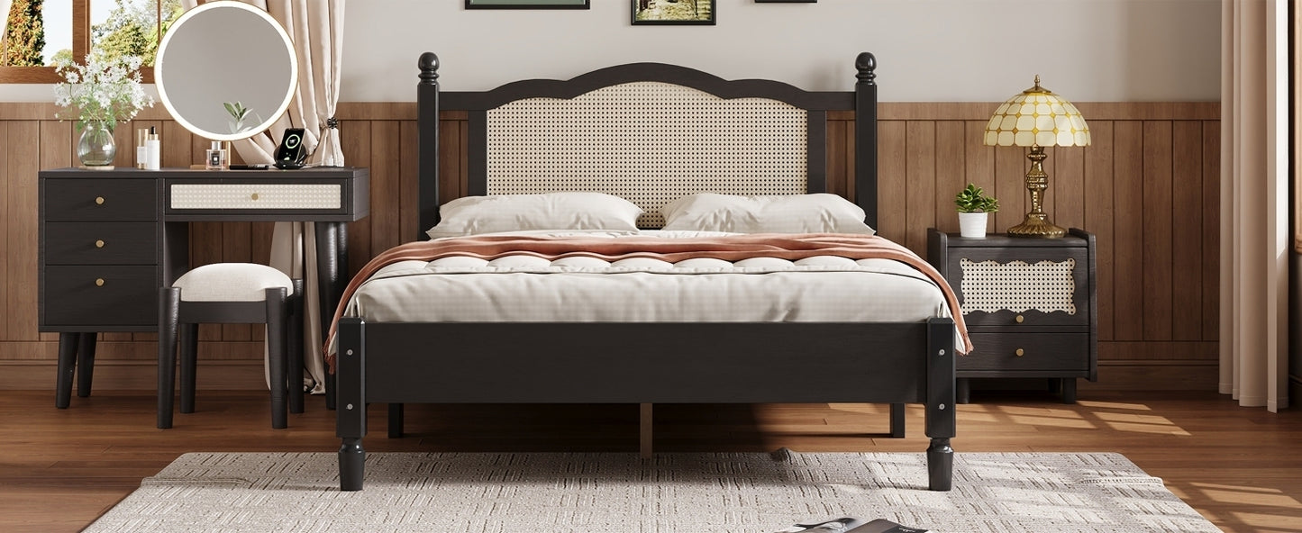 Full Size Wooden Platform Bed with Natural Rattan Headboard, Vintage Bed Frame with Wooden Slat Support, Black (Expected Arrival Time: 08.23)
