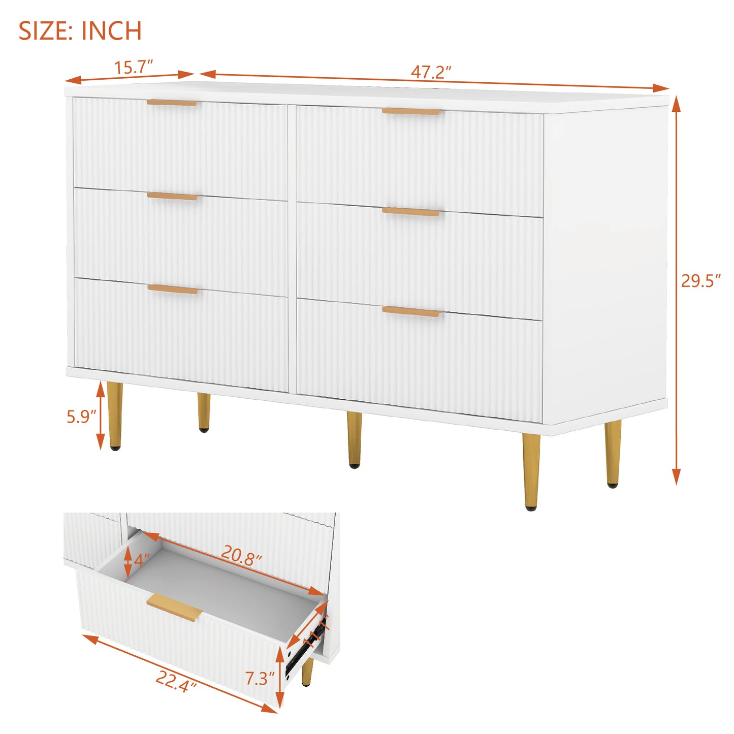 6 Drawer Dresser with Metal Leg and Handle for Bedroom, Storage Cabinet with Vertical Stripe Finish Drawer, White