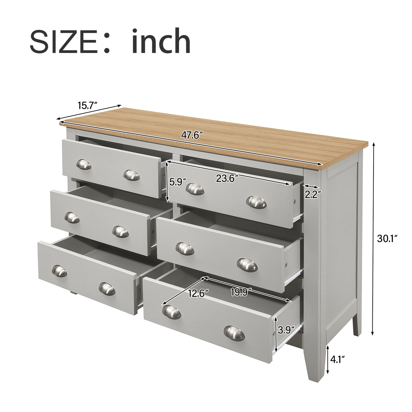 Country Gray Solid 6 Drawers Dresser with Oak Top