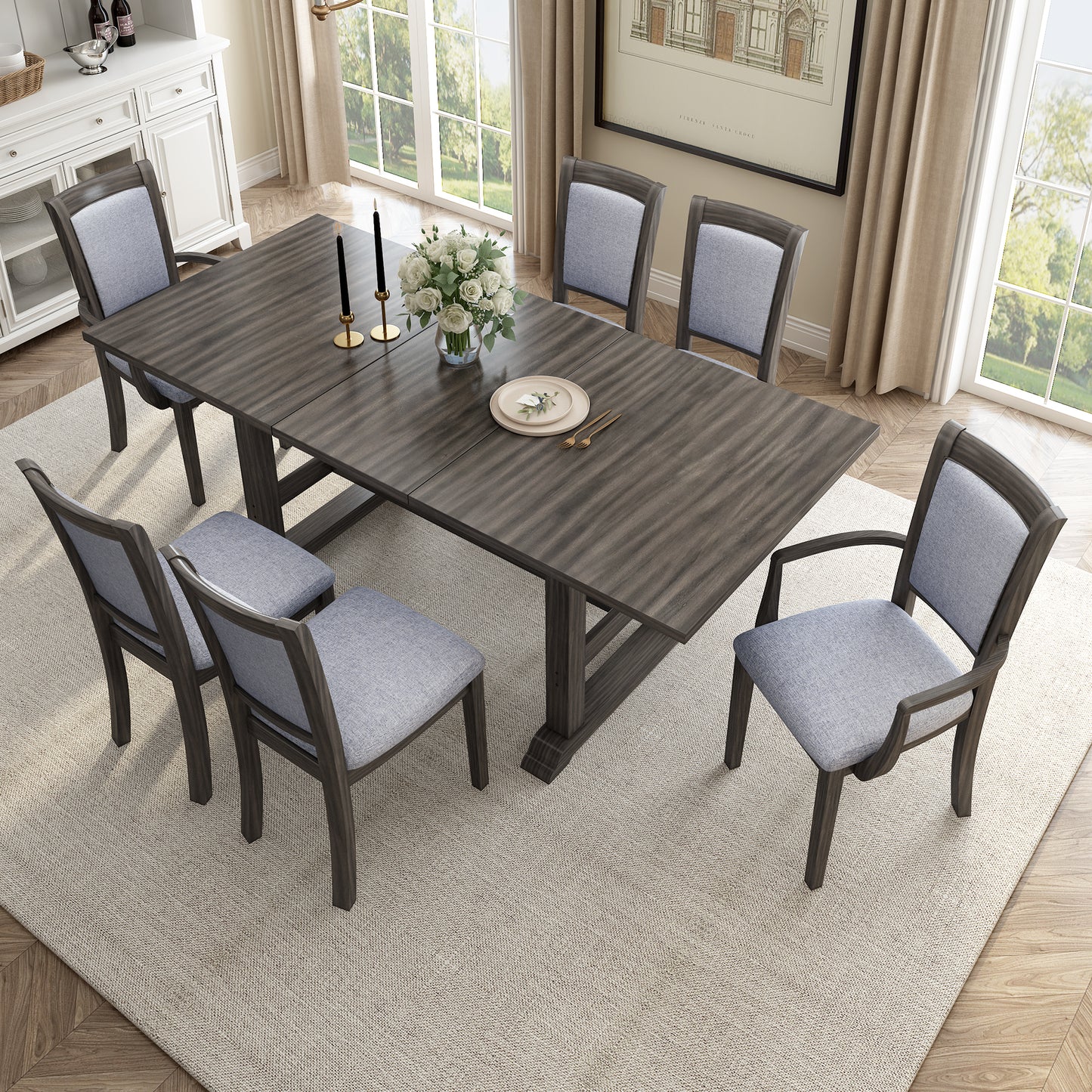 TOPMAX 7-Piece Updated 76.9inch Extendable Trestle Dining Table Set with Removable Leaf, Kitchen Table Set with Upholstered Side Chair and Arm Chair, Set of 6, Grey