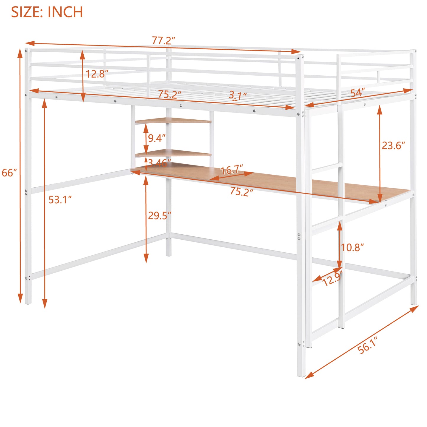Full Metal Loft Bed with Desk and Shelve, White